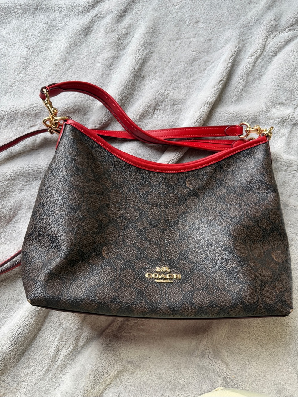 Coach Brown Signature Canvas Shoulder Bag with Red Trim
